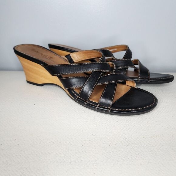 Timberland womens shoes 8.5 wedge heels black leather strappy slides - Picture 1 of 4